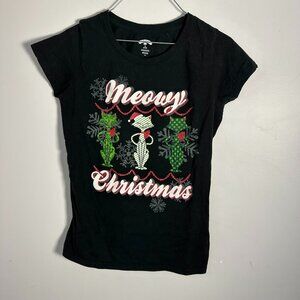 EUC Womens Holiday Time Meowy Christams Short Sleeve Cat Shirt Medium M 8 - 10